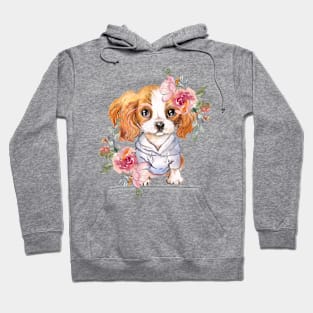 Cute Cavalier King Charles Spaniel with Flowers Watercolor Art Hoodie